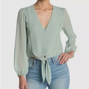 WAYF Women Sage Green Long Sleeve Blouse Lace Accent Button Up XL